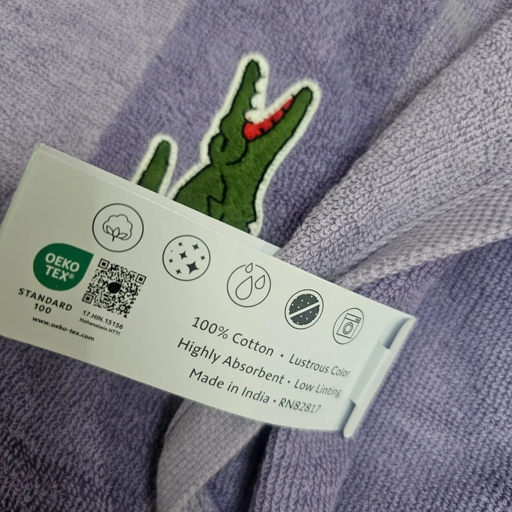 Lacoste Bath Towels Luxury Light Purple Cotton with Crocodile Logo 30 x 52 NWT